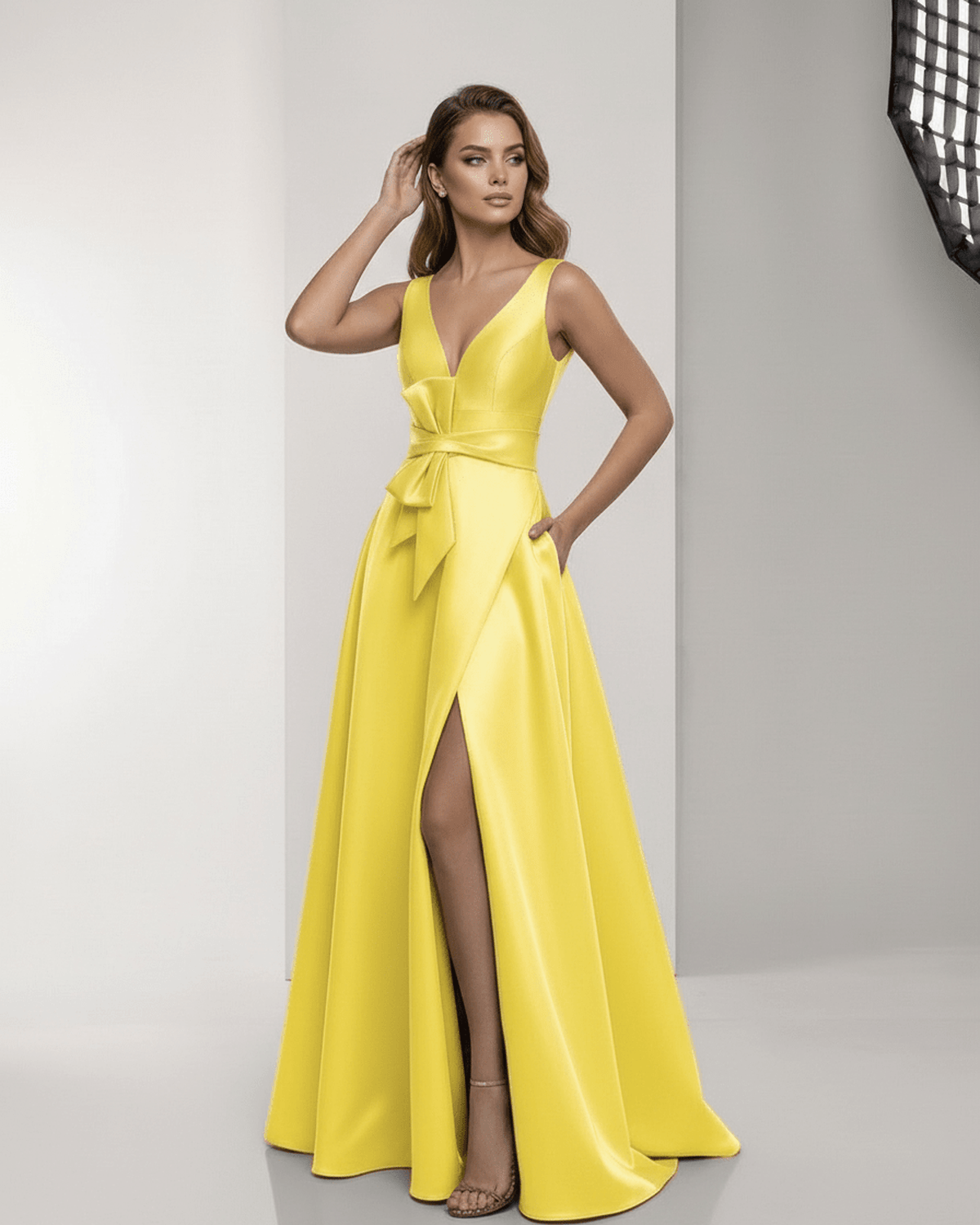 Solenne Maxi Dress - Satin Yellow A-Line with V-Neck and Bow Detail by Lauven, perfect for standout occasions.