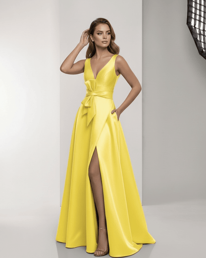 Solenne Maxi Dress - Satin Yellow A-Line with V-Neck and Bow Detail by Lauven, perfect for standout occasions.