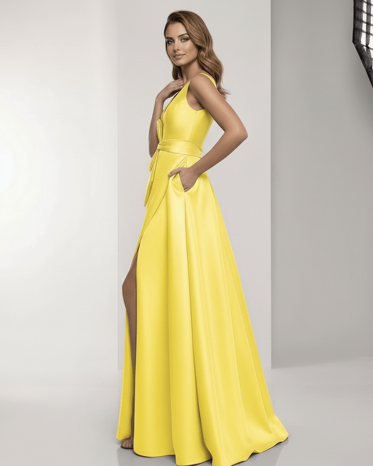 Solenne Maxi Dress by Lauven in vibrant yellow satin, featuring V-neck, bow detail, and elegant A-line silhouette.