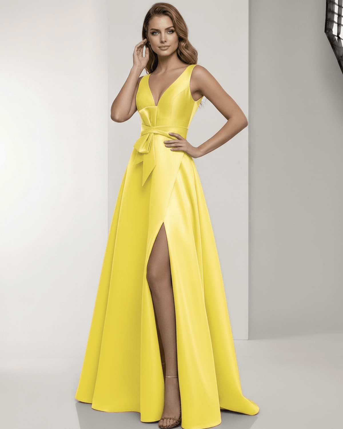 Solenne Maxi Dress - Satin A-Line yellow dress with V-Neck, bow detail, showcasing elegance and style by Lauven.