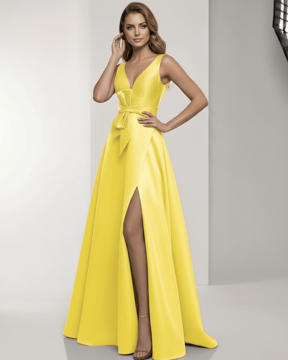 Solenne Maxi Dress - Satin A-Line yellow dress with V-Neck, bow detail, showcasing elegance and style by Lauven.