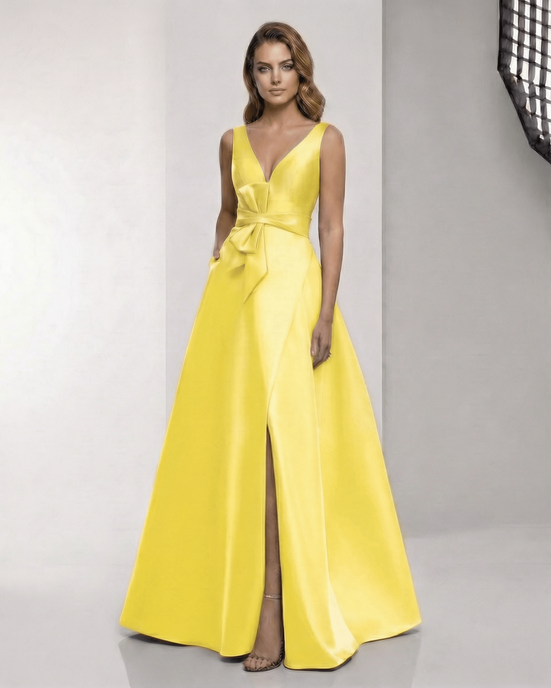 Solenne Maxi Dress - Satin A-Line yellow dress with V-neck and bow detail, by Lauven, perfect for standout occasions.