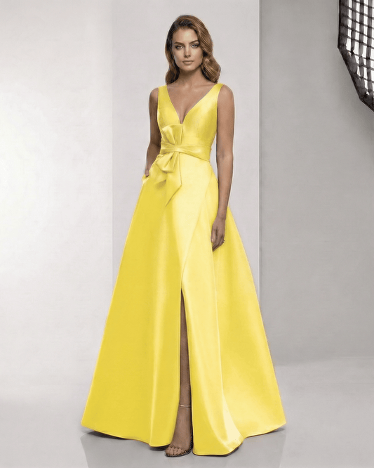 Solenne Maxi Dress - Satin A-Line yellow dress with V-neck and bow detail, by Lauven, perfect for standout occasions.