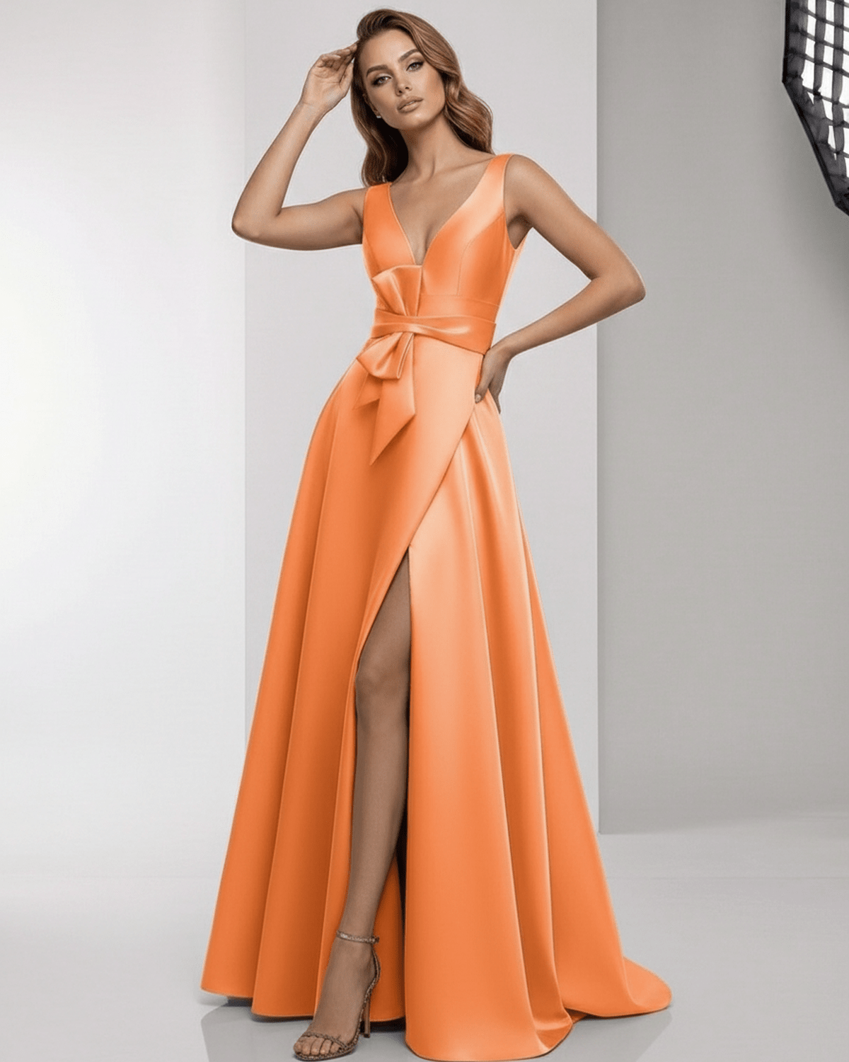 Solmira Maxi Dress – Orange satin A-line dress with wrap slit, bow waist, and elegant V-neckline by Lauven.