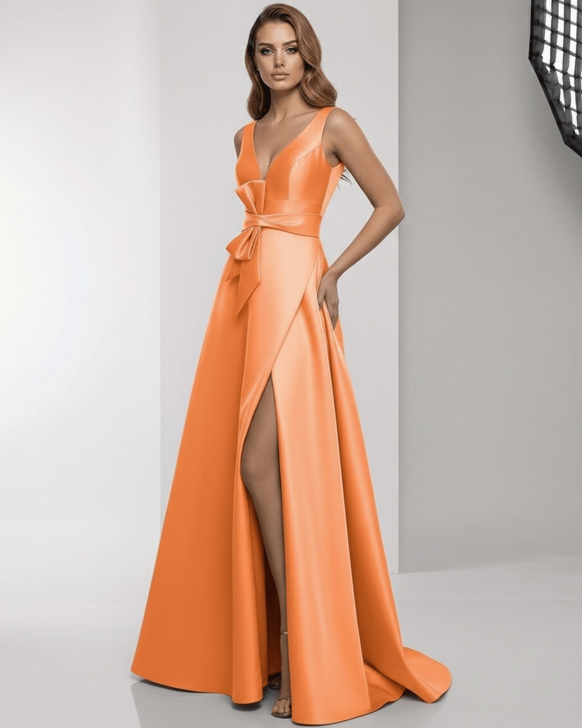 Solmira Maxi Dress – Orange satin A-line dress with wrap slit, bow waist, and elegant V-neck featuring Lauven brand.