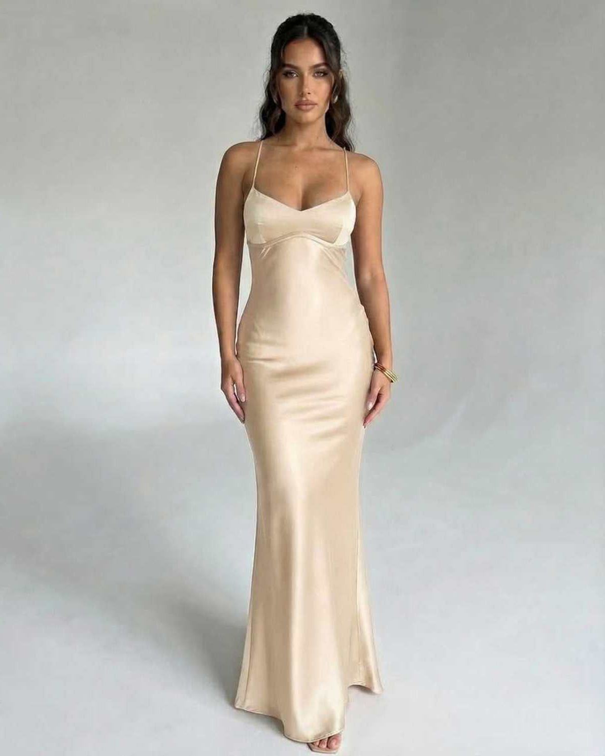 Solstice Maxi Dress by Lauven, elegant satin champagne evening gown with V-neckline and spaghetti straps.
