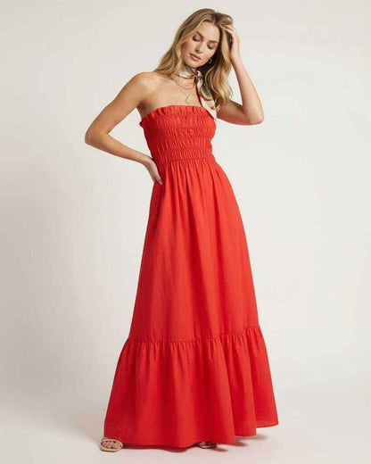 Sorella Maxi Dress - Red strapless design with smocked bodice by Lauven, perfect for summer occasions.