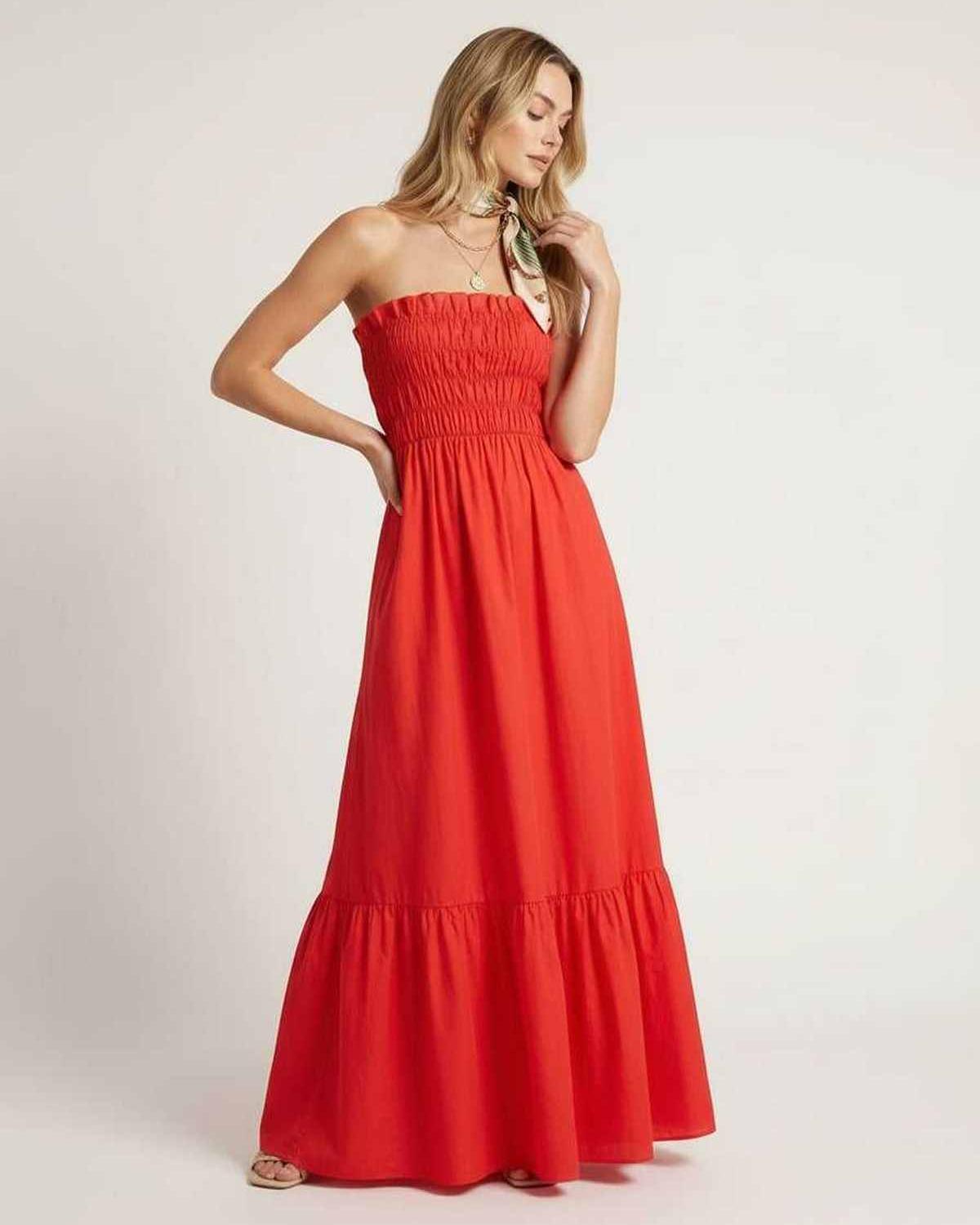 Sorella Maxi Dress - vibrant red strapless dress with smocked bodice by Lauven, perfect for summer occasions.