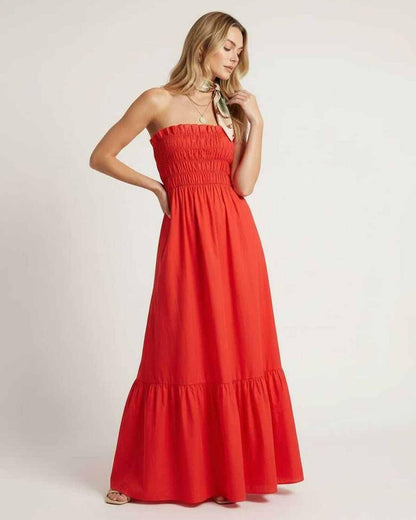 Sorella Maxi Dress - vibrant red strapless dress with smocked bodice by Lauven, perfect for summer occasions.