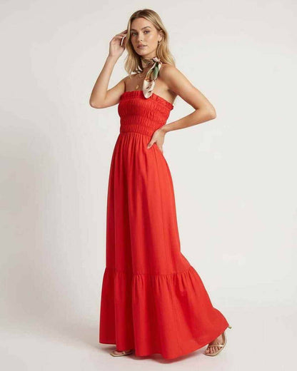 Sorella Maxi Dress – Red strapless maxi dress with smocked bodice by Lauven, perfect for summer occasions.