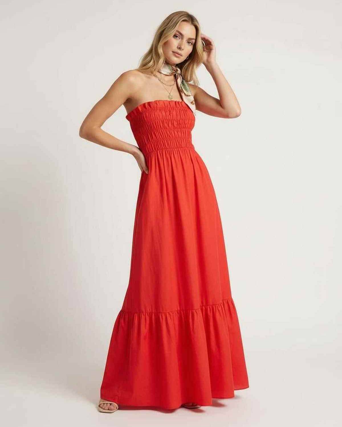 Sorella Maxi Dress – Vibrant red strapless dress with smocked bodice by Lauven, perfect for summer occasions.