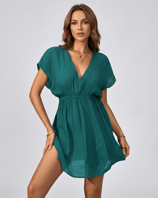 Lauven Sorrento Cover Up in olive, lightweight polyester with V-neckline and drop shoulder sleeves, perfect beach dress.