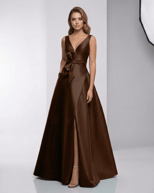 Sorrento Maxi Dress - Brown satin A-Line evening dress with V-neck, bow detail, and elegant silhouette by Lauven.