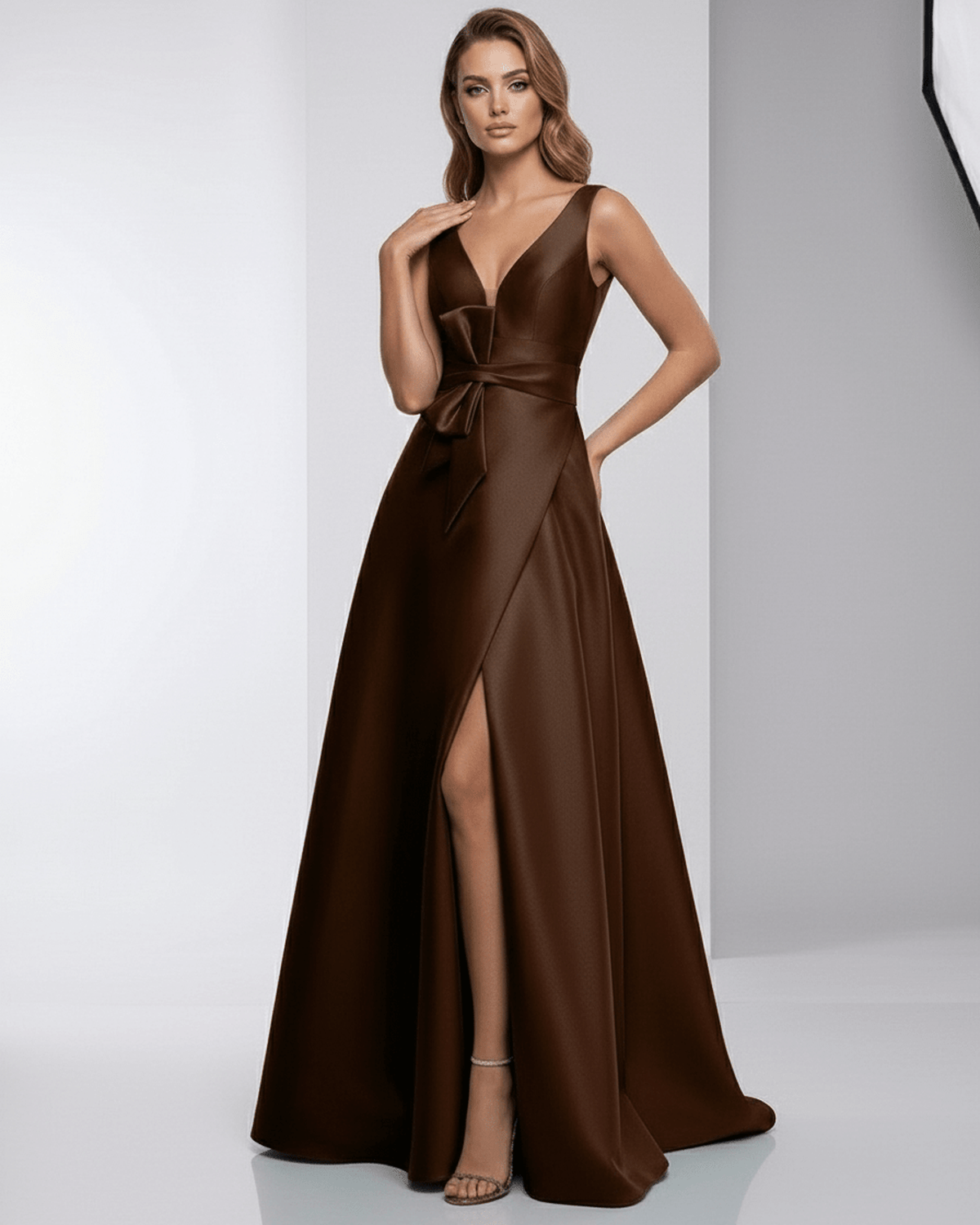 Sorrento Maxi Dress - Satin A-Line V-Neck Floor-Length Evening Dress by Lauven, showcasing elegance and sophistication.