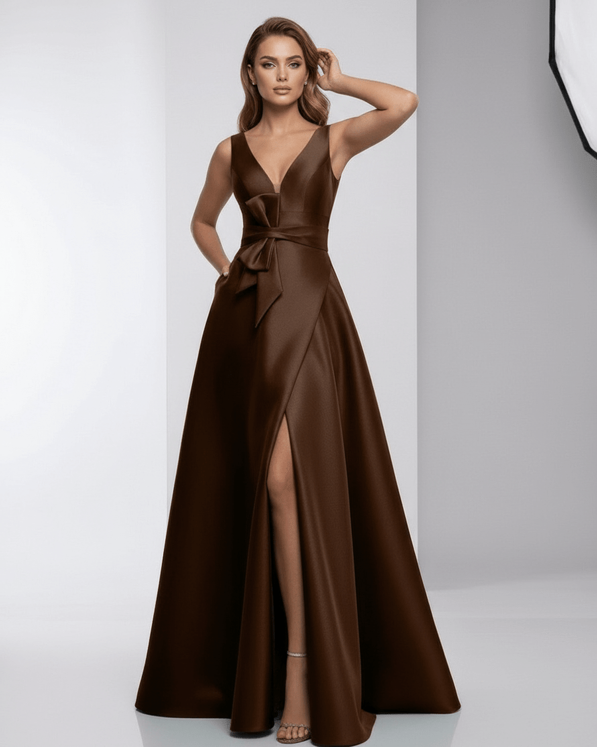 Sorrento Maxi Dress – satin A-line V-neck gown with bow, elegant evening wear by Lauven.