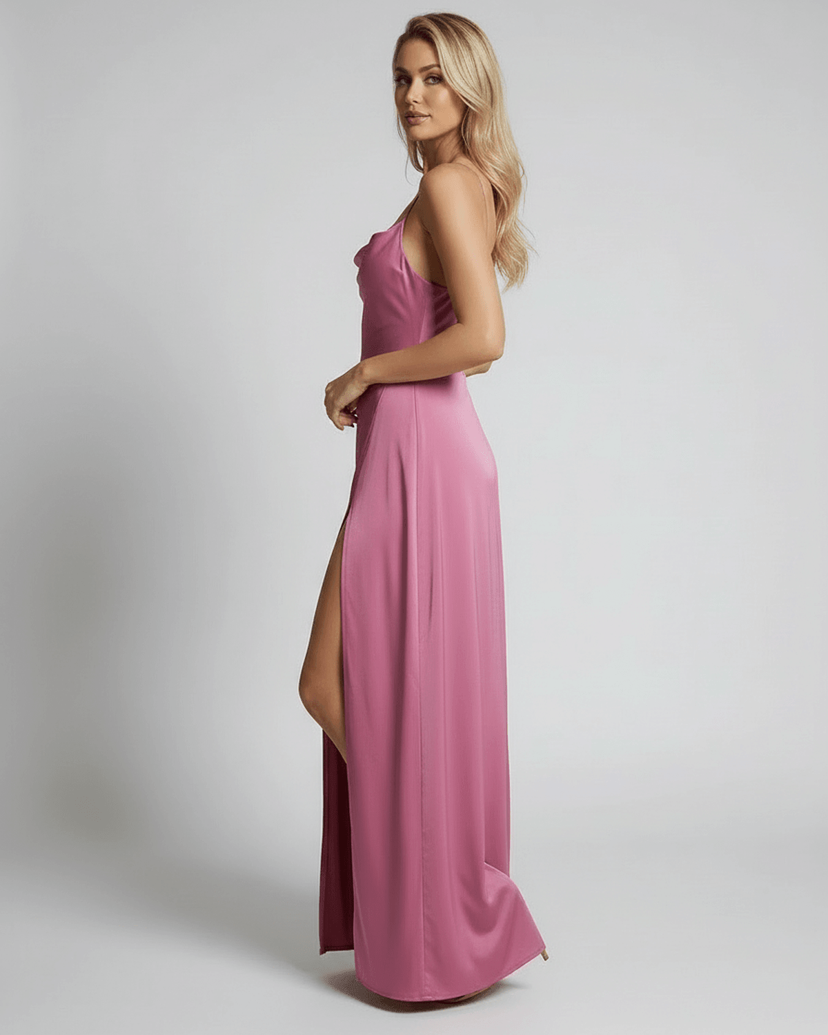 Sorrento Maxi Dress by Lauven – Satin slip maxi dress with high slit in pink, showcasing elegant silhouette.