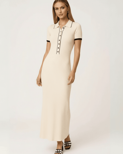 Sorrento Maxi Dress by Lauven, women’s beige ribbed knit maxi dress with collared button detail.