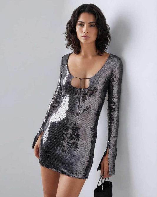Lauven Stella Mini Dress with sequined shine and flared sleeves, showcasing a sleek silhouette and modern design.