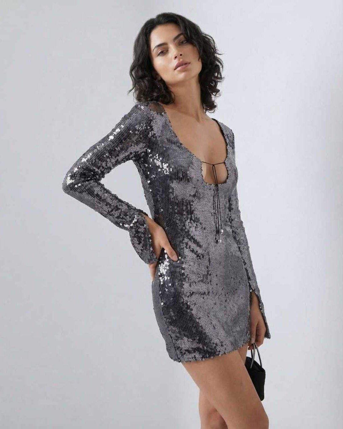 Lauven Stella Mini Dress with sequined shine and flared sleeves, perfect for elegant, fashion-forward occasions.