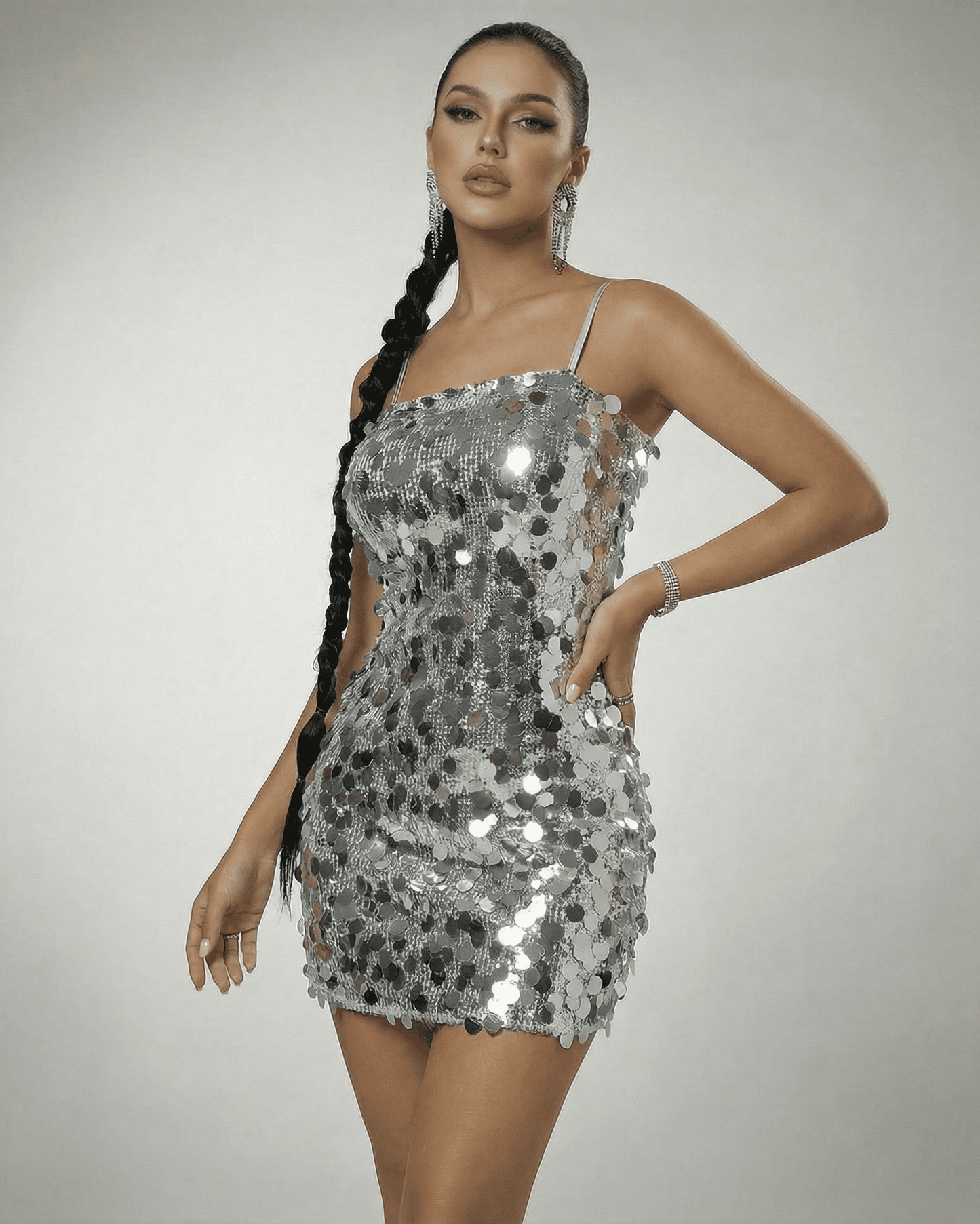 Stella Mini Dress by Lauven - Silver sequin off-the-shoulder mini dress with high waist silhouette.