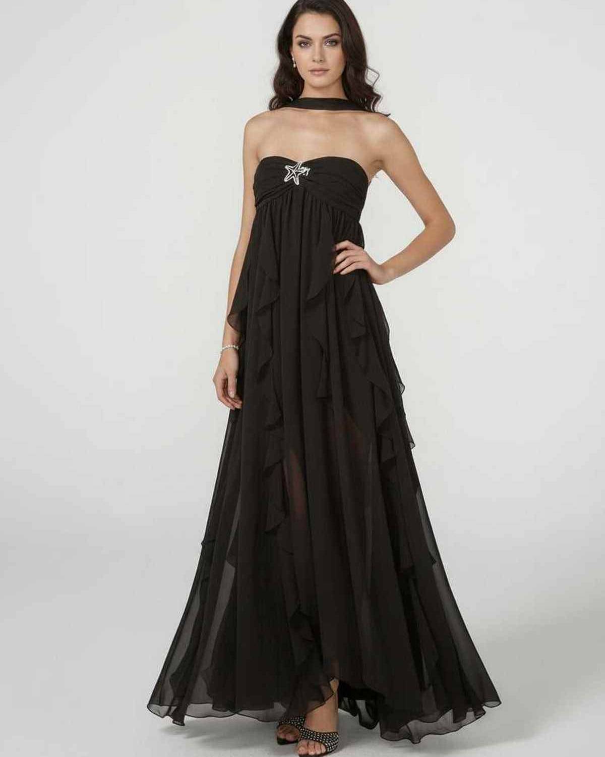 Stellara Maxi Dress by Lauven - Elegant strapless ankle-length gown with tassel detail and ruffled layers.