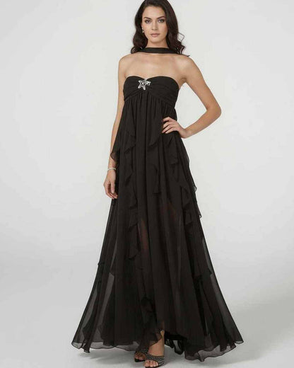 Stellara Maxi Dress by Lauven - Elegant strapless ankle-length gown with tassel detail and ruffled layers.