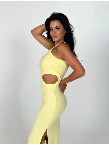 Sunlace Midi Dress in pastel yellow, featuring a modern cutout design and a sculpted silhouette for warm-weather occasions.