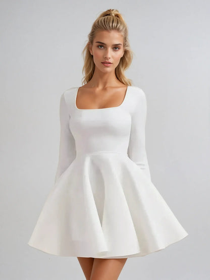Elegant white fit-and-flare mini dress with long sleeves and a square neckline, perfect for summer parties.