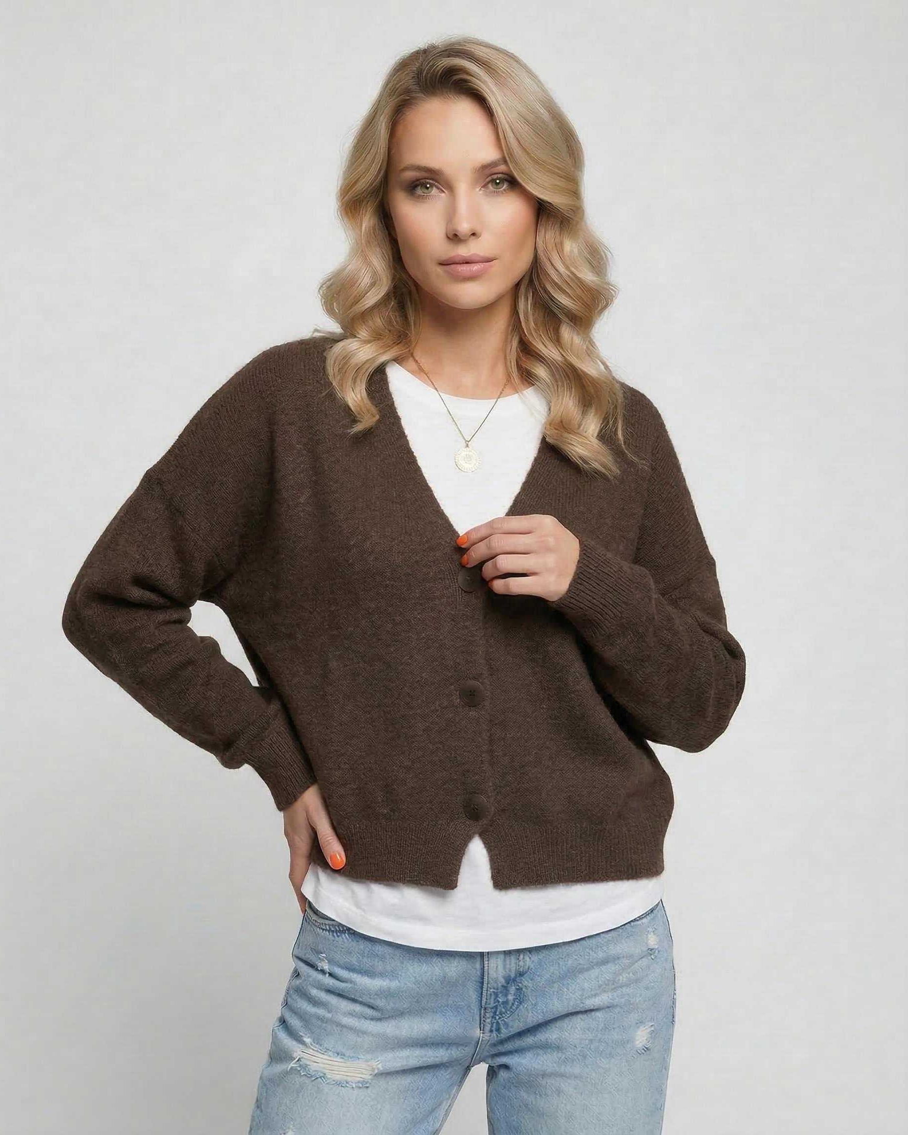 Terra Cardigan by Lauven in rich brown, perfect for stylish everyday wear with a relaxed fit.