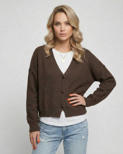 Terra Cardigan by Lauven, elegant brown knitwear model wearing relaxed fit cardigan for everyday style.