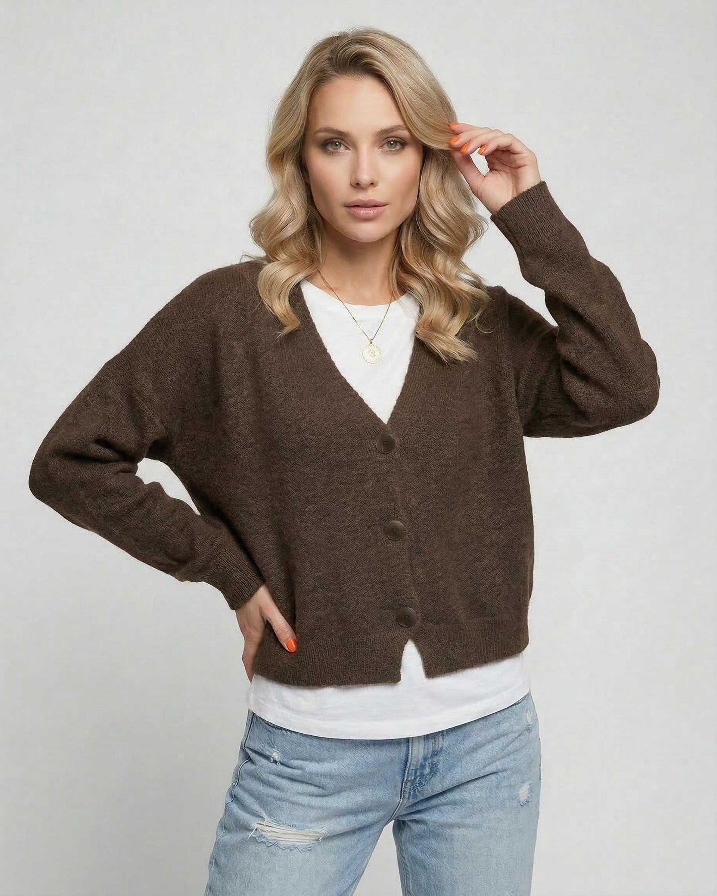 Terra Cardigan by Lauven - Elegant brown knitwear for everyday sophistication and style.