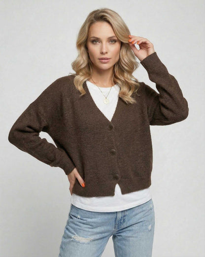Terra Cardigan by Lauven - Elegant brown knitwear for everyday sophistication and style.
