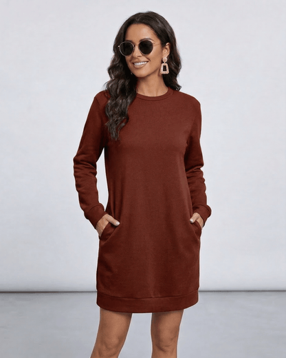 Model wearing Terra Mini Dress by Lauven in rich brown with sunglasses, featuring O neck and long sleeves.