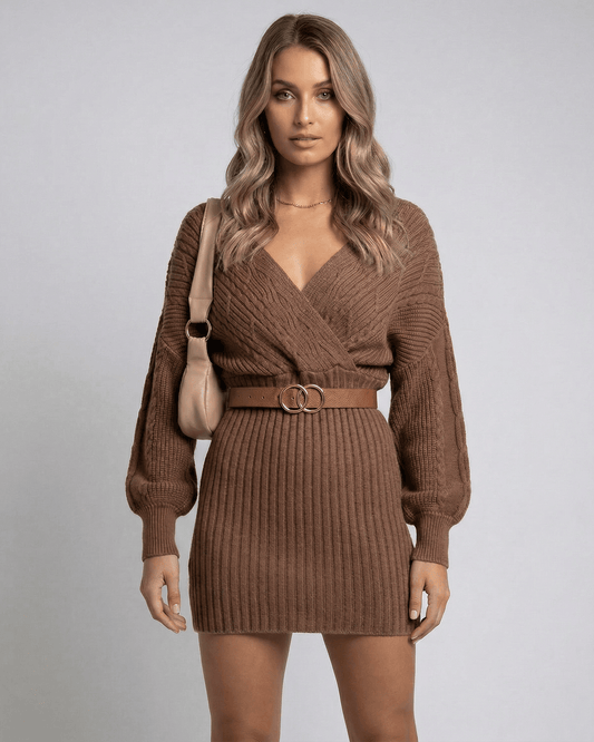 Terra Mini Dress by Lauven worn by model, featuring a warm brown ribbed knit design with deep V-neckline.