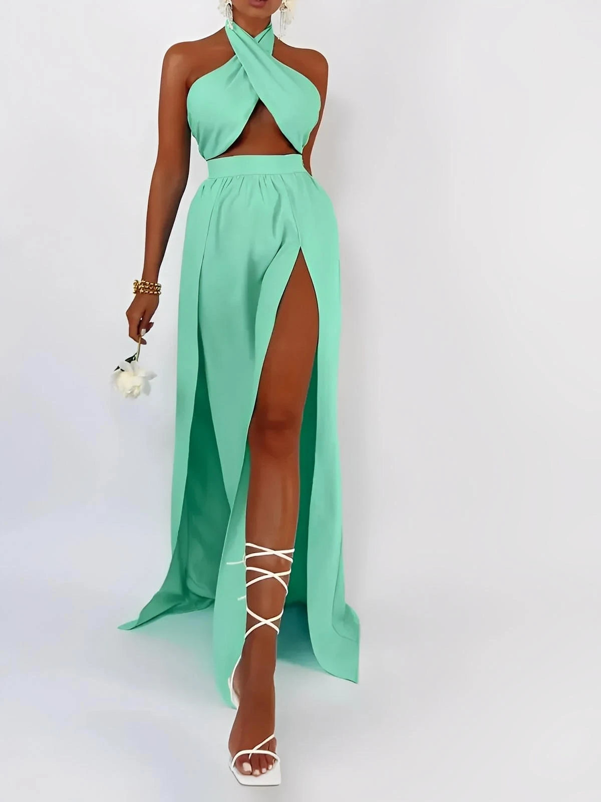 Tiffany Breeze Set in mint; halter crop top and high-slit maxi skirt for a chic summer look.