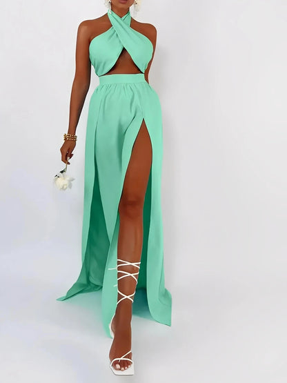 Tiffany Breeze Set in mint; halter crop top and high-slit maxi skirt for a chic summer look.