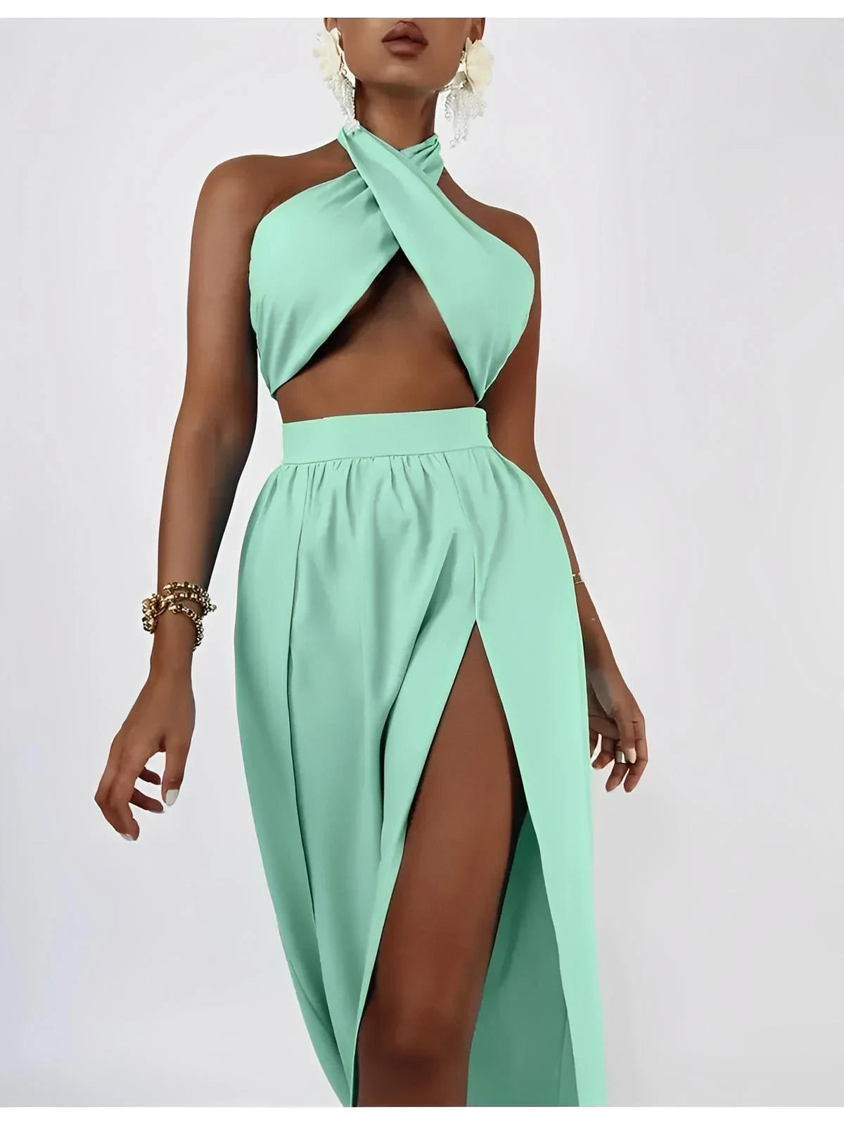 Tiffany Breeze Set in mint, featuring a halter crop top and high-slit maxi skirt, perfect for summer elegance.