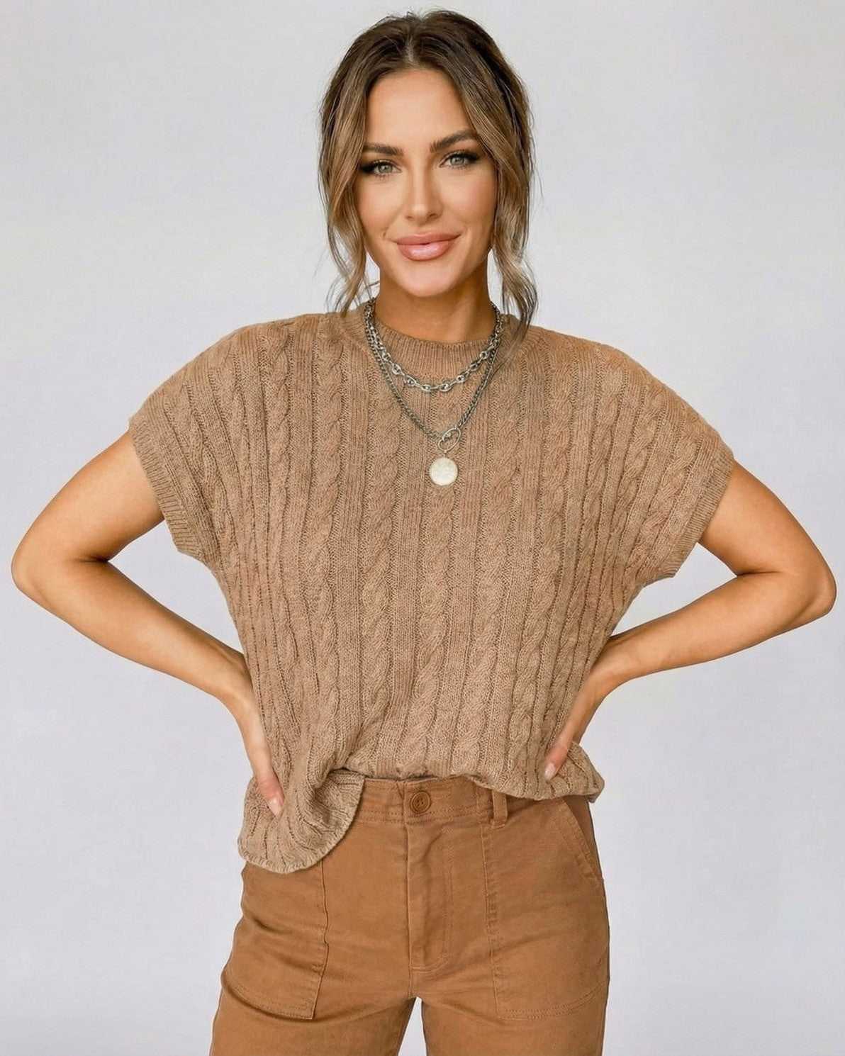 Toscana Sweater by Lauven, cable knit short sleeve sweater with relaxed elegance.