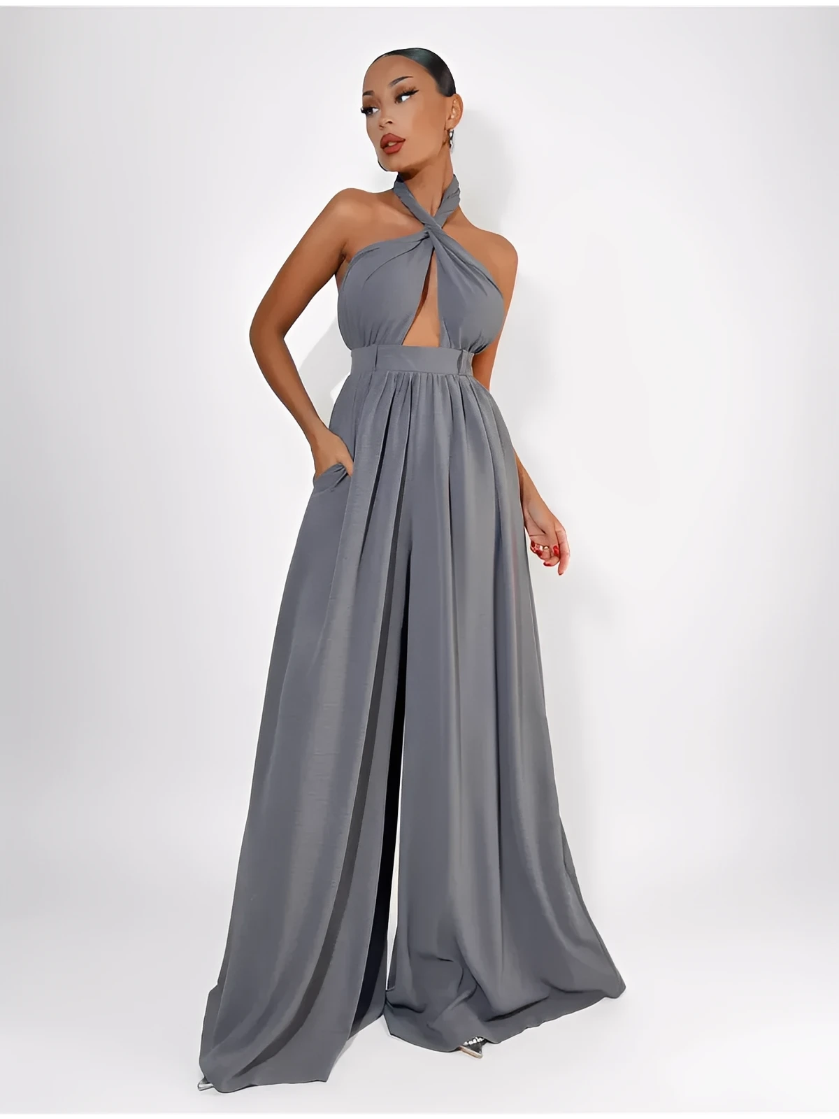 Twist Halter Jumpsuit in grey, featuring open back and wide leg design, perfect for summer sophistication.