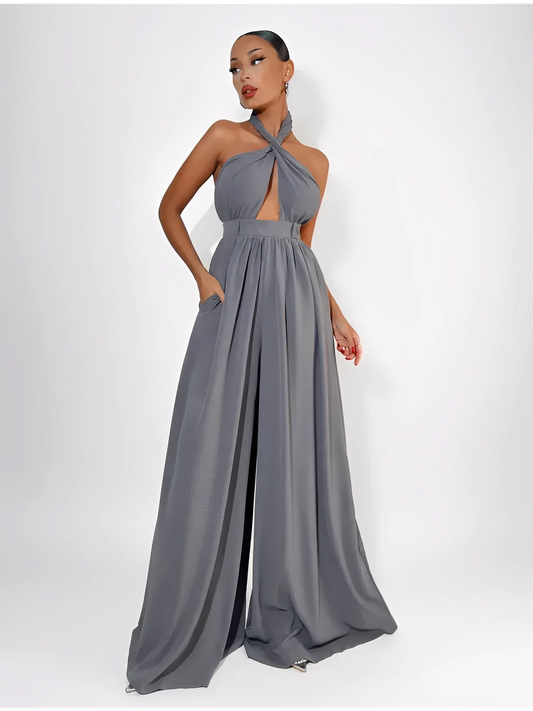 Twist Halter Jumpsuit in grey, featuring open back and wide leg design, perfect for summer sophistication.