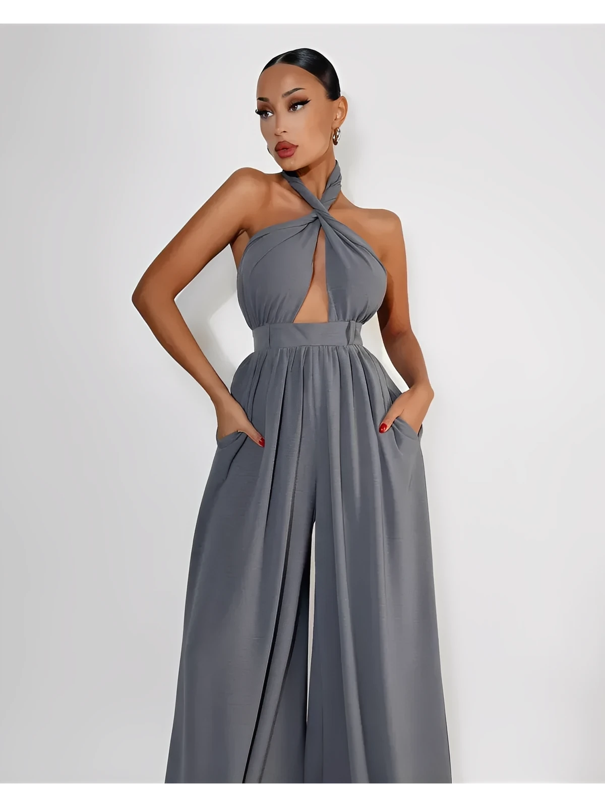 Twist Halter Jumpsuit in grey featuring an open back and wide-leg style for summer elegance.