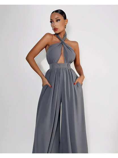 Twist Halter Jumpsuit in grey featuring an open back and wide-leg style for summer elegance.