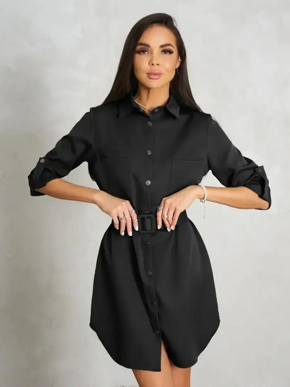 Urban Edit Mini black mini dress by Lauven featuring a structured shirt-dress silhouette and detachable belt.