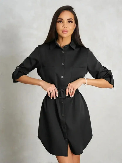 Urban Edit Mini black mini dress by Lauven featuring a structured shirt-dress silhouette and detachable belt.