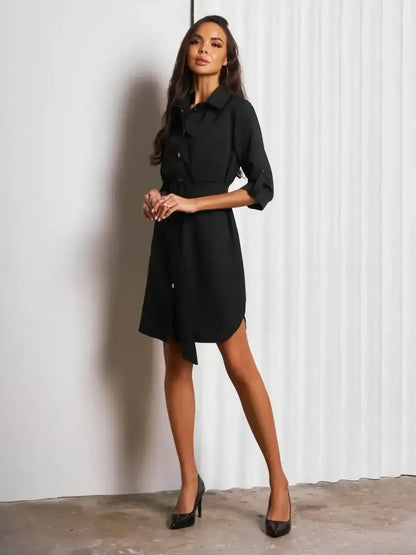 Urban Edit Mini by Lauven - Structured black mini dress with button-down closure and detachable belt.