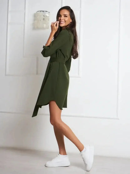 Urban Utility by Lauven - Olive green belted shirt mini dress styled with white sneakers.