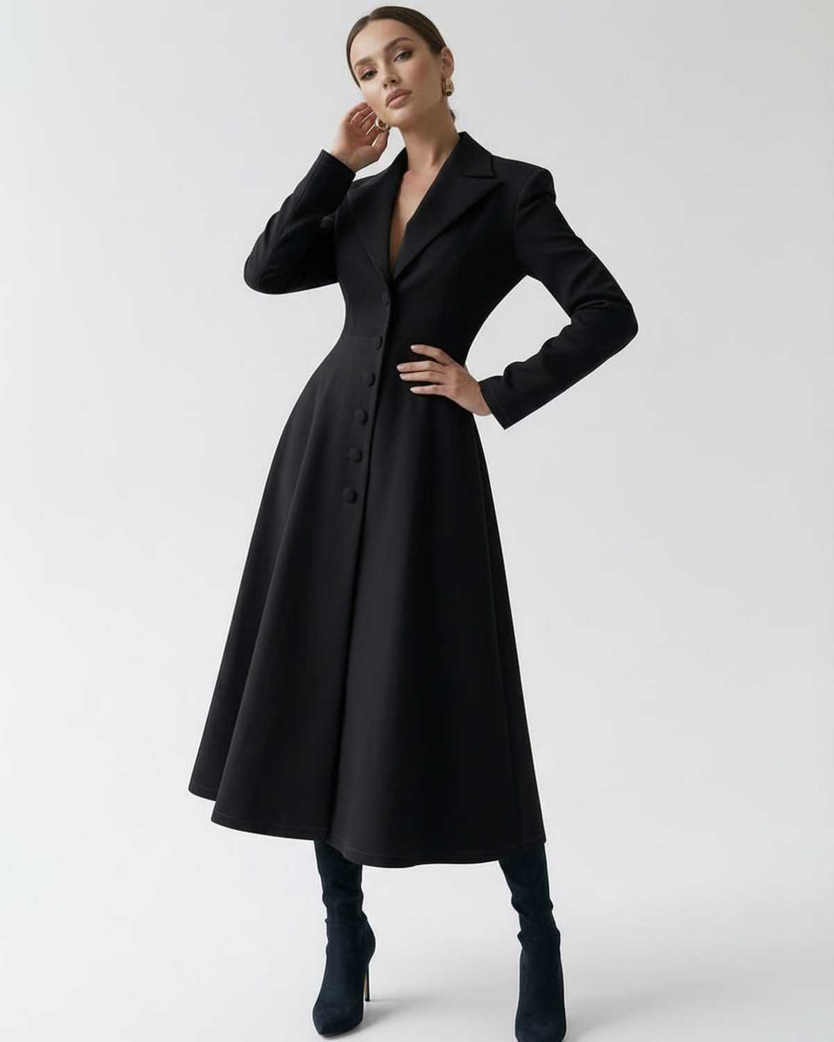 Valen Midi Dress - Black tailored A-line blazer dress for modern sophistication by Lauven.