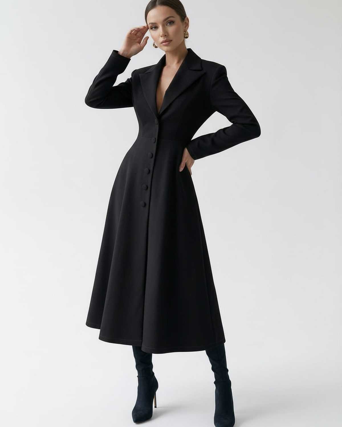 Valen Midi Dress by Lauven, black tailored A-line blazer silhouette, elegant long sleeve style for sophisticated occasions.