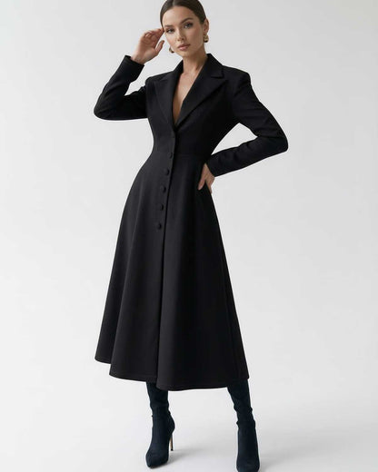 Valen Midi Dress by Lauven, black tailored A-line blazer silhouette, elegant long sleeve style for sophisticated occasions.