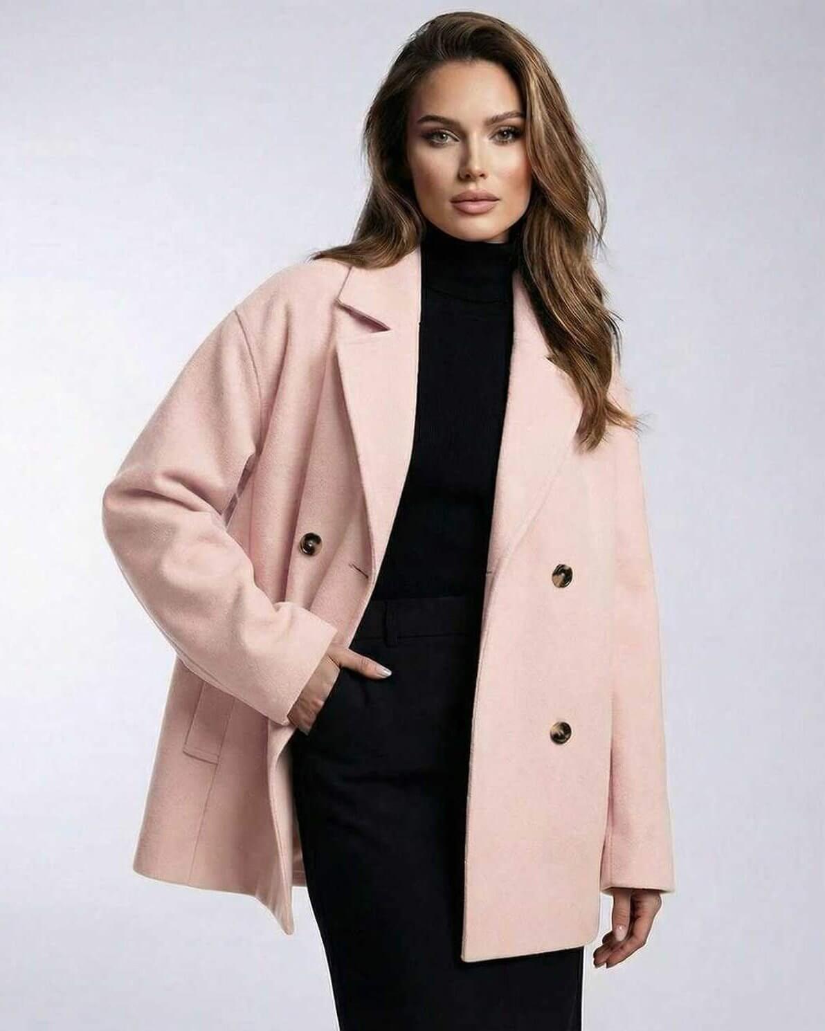 Valencia Jacket - Women's Pink Jacket by Lauven, featuring oversized double-breasted tailoring and modern elegance.